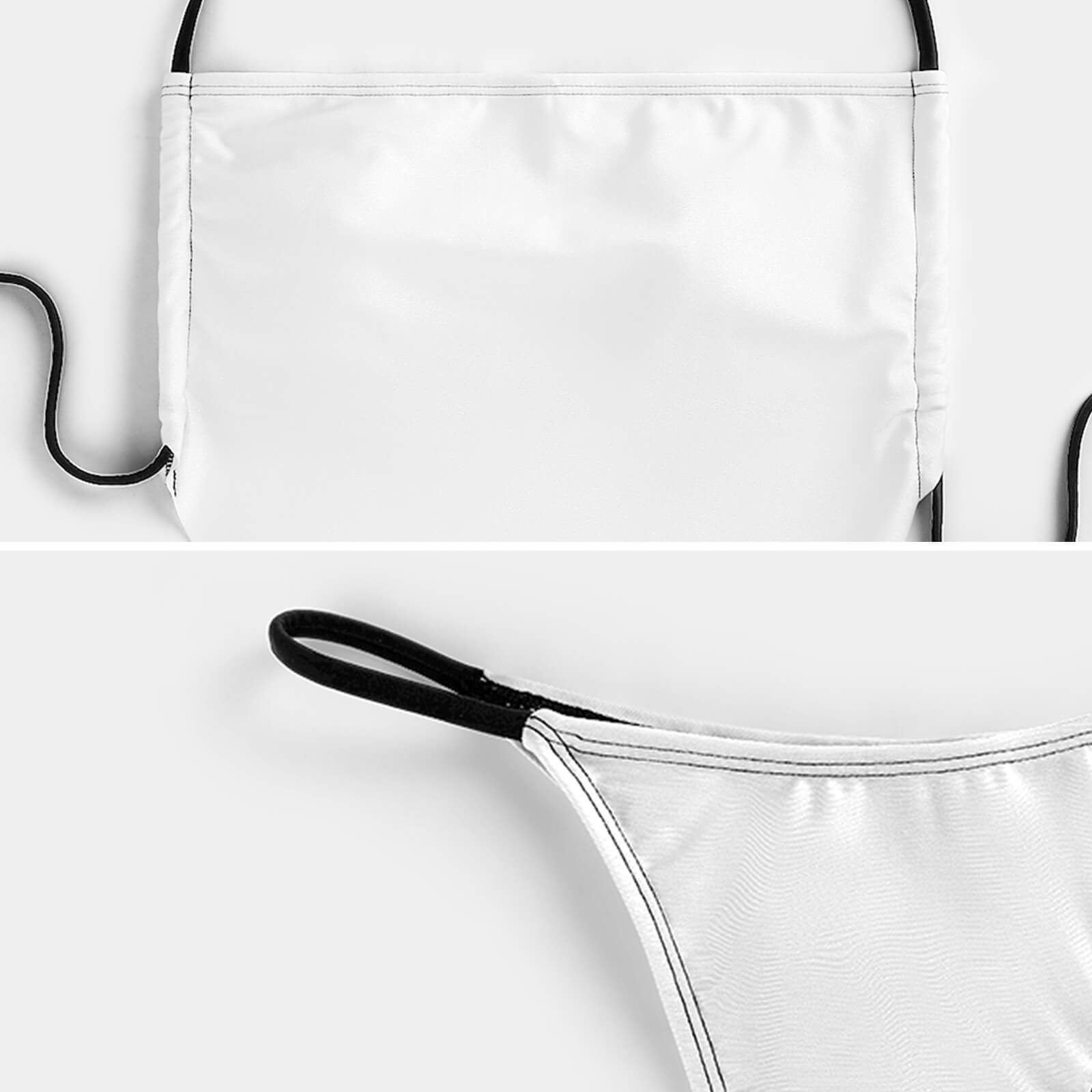 Custom white two-piece swimsuit made of shiny polyester and spandex, with black straps, perfect for beach.