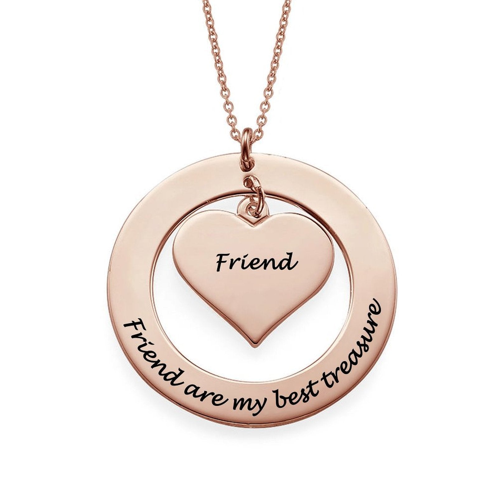 Rose gold heart necklace with 'Friend' inscription, perfect gift for friends, custom engraved pendant necklace
