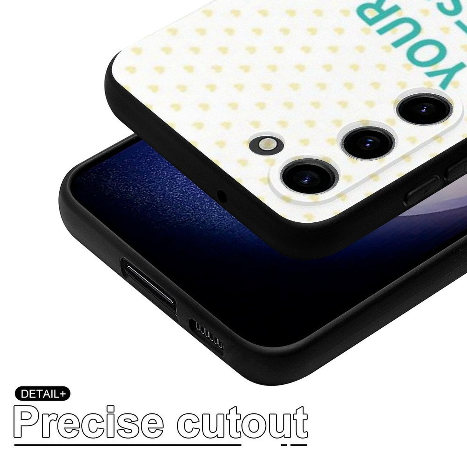 Samsung Galaxy S23 case with precise cutouts, custom design featuring "YOUR DESIGN" and soft TPU material.