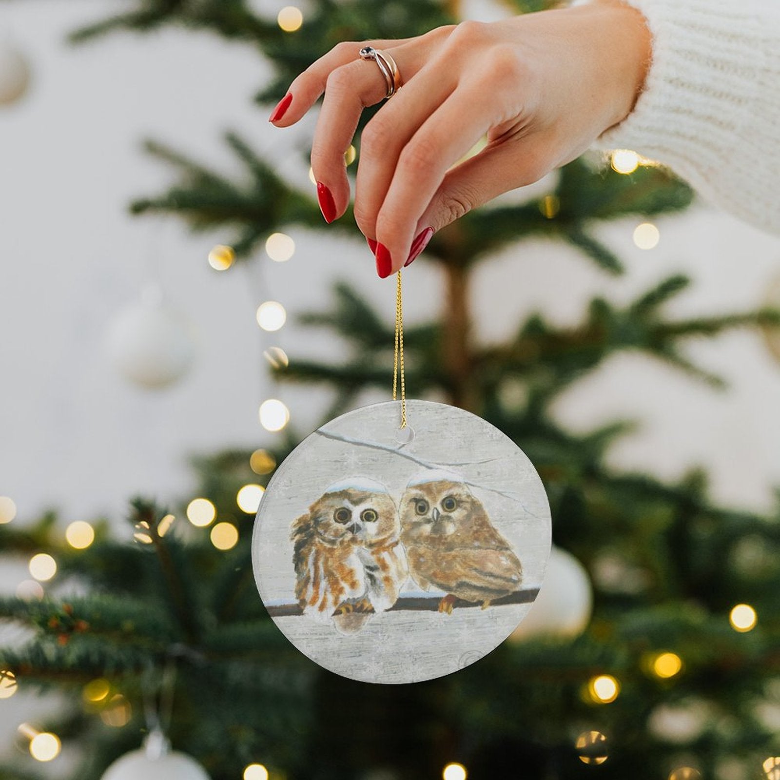 Personalized ceramic Christmas ornament with owl design, holiday decor and perfect gift.
