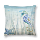 Watercolor seahorse and starfish plush pillow cover for sofa, couch, or living room