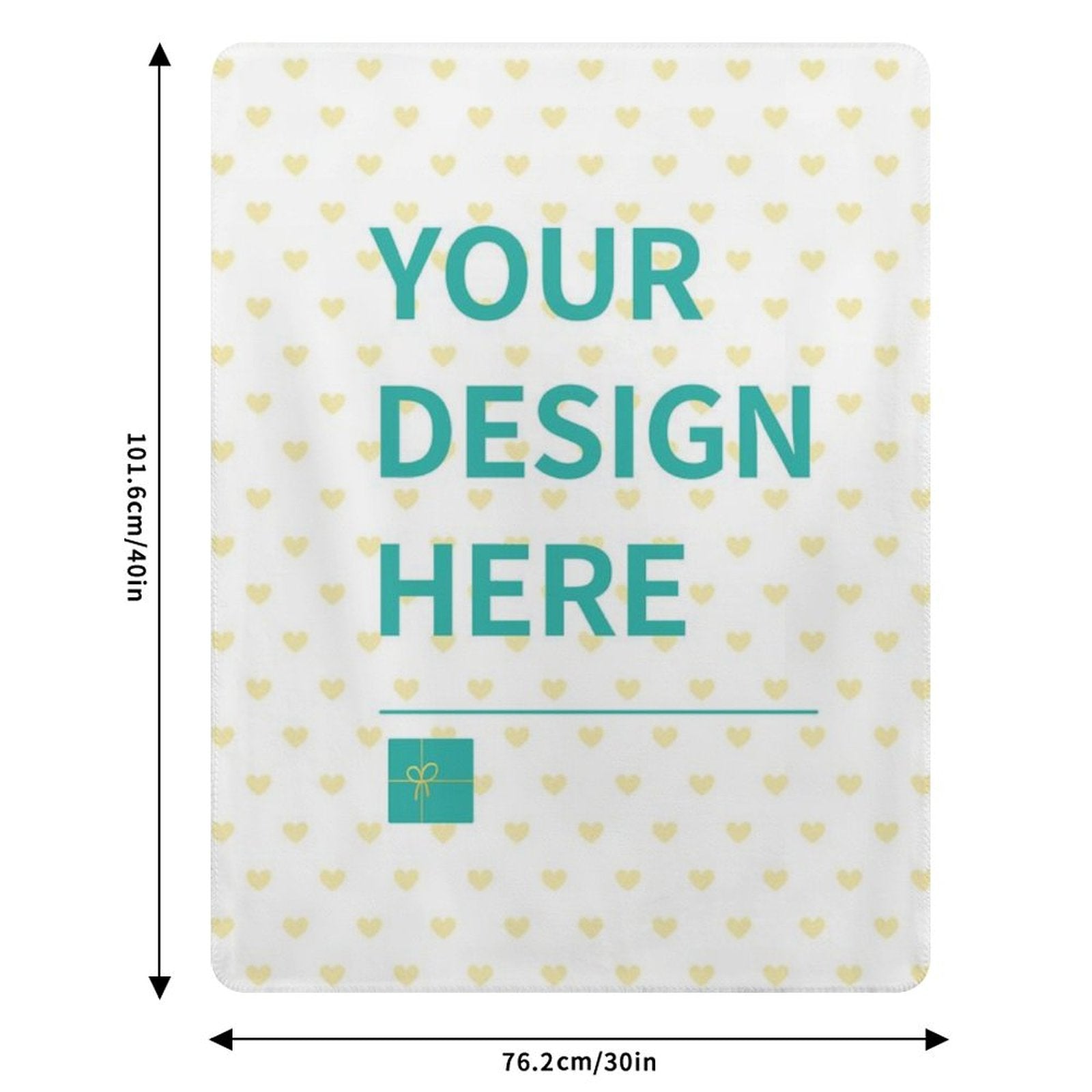 Customizable lamb wool fleece blanket with 'YOUR DESIGN HERE' text, white with yellow hearts, MyArtsyGift