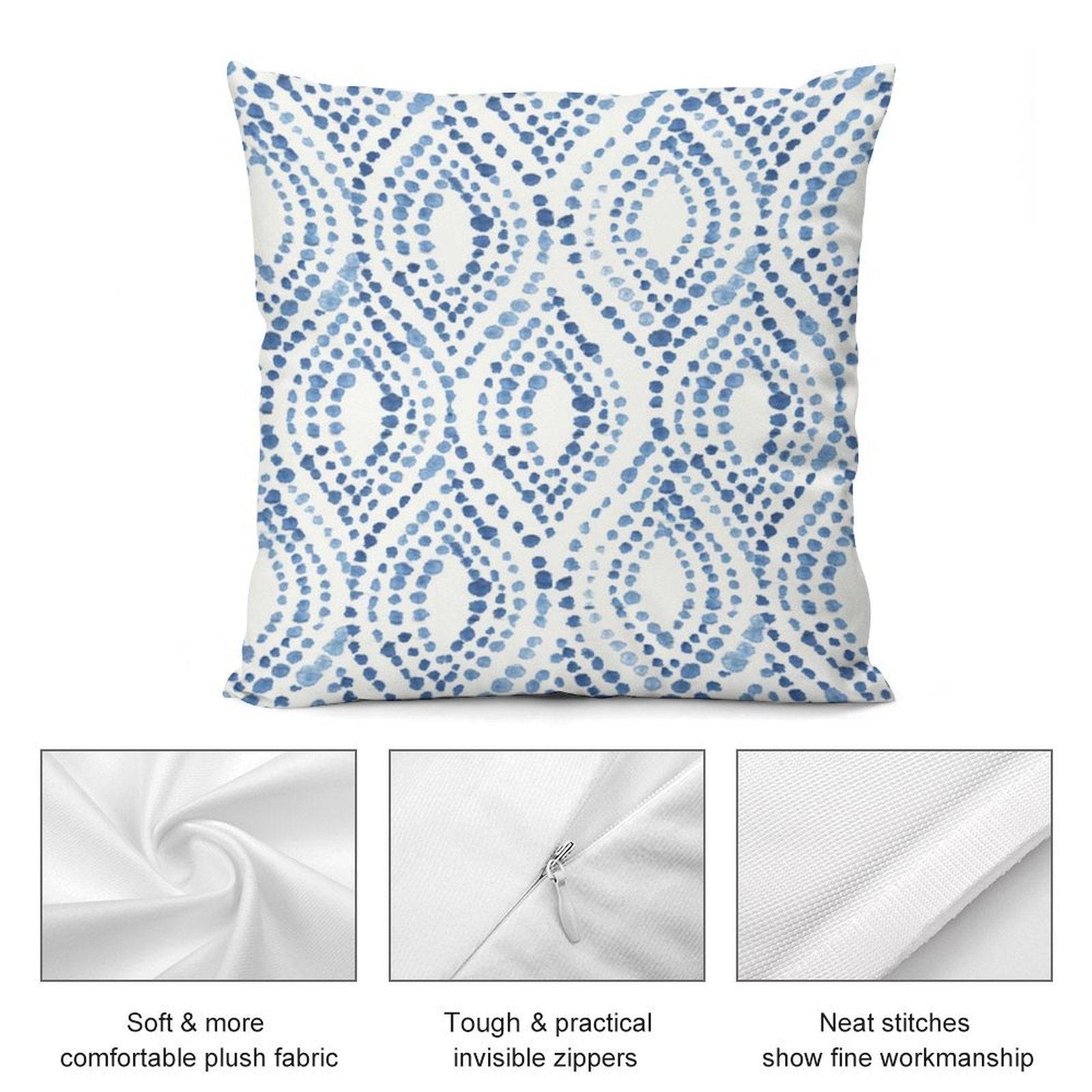 Blue dotted plush pillow cover with soft fabric, invisible zipper, and quality stitching for living room and sofa decor.