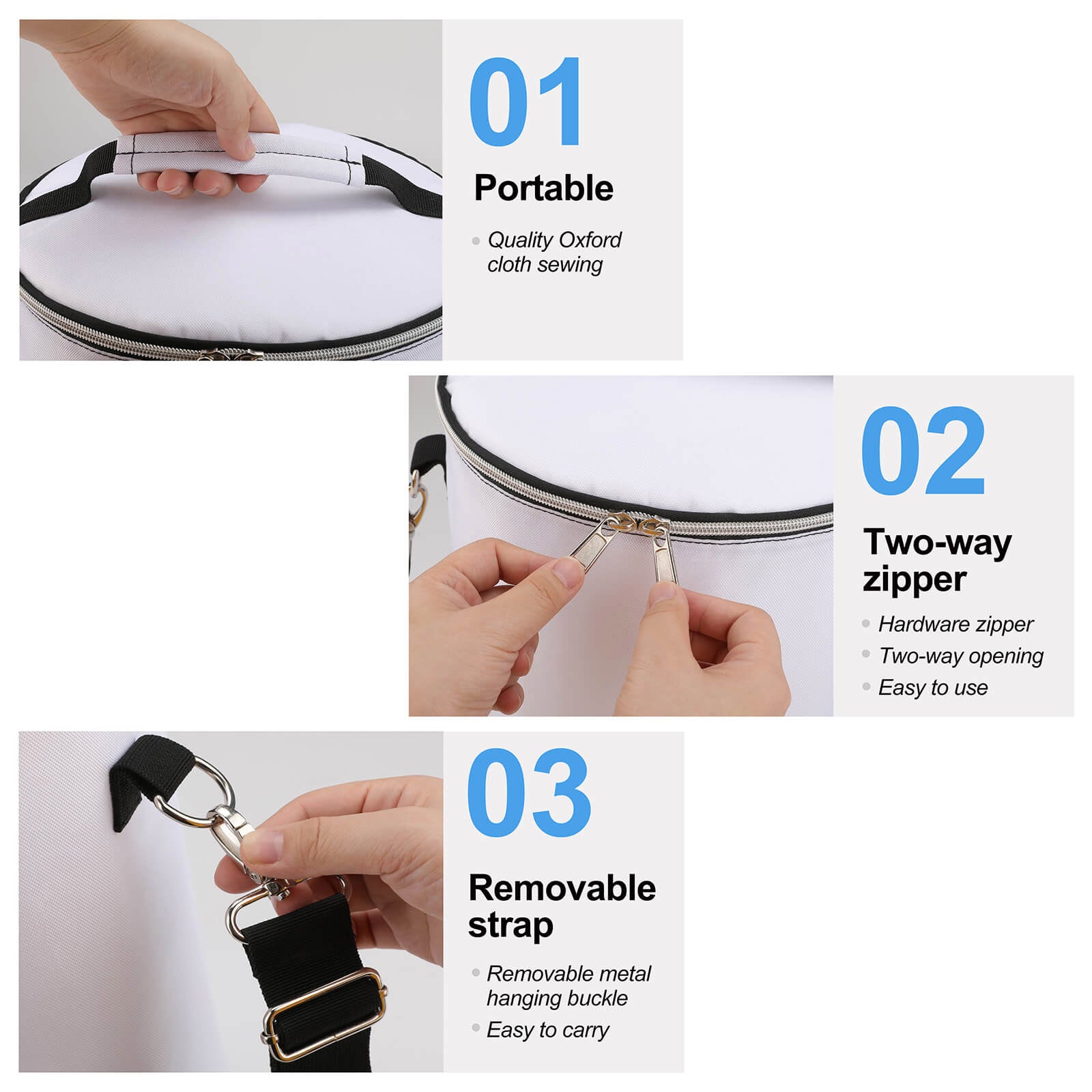 White camping cooler backpack with Oxford cloth, two-way zipper, and removable strap for travel, picnic, and work.