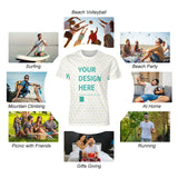 Customizable short sleeve t-shirt with 'YOUR DESIGN HERE', available at MyArtsyGift.com; shown in various lifestyle scenes.