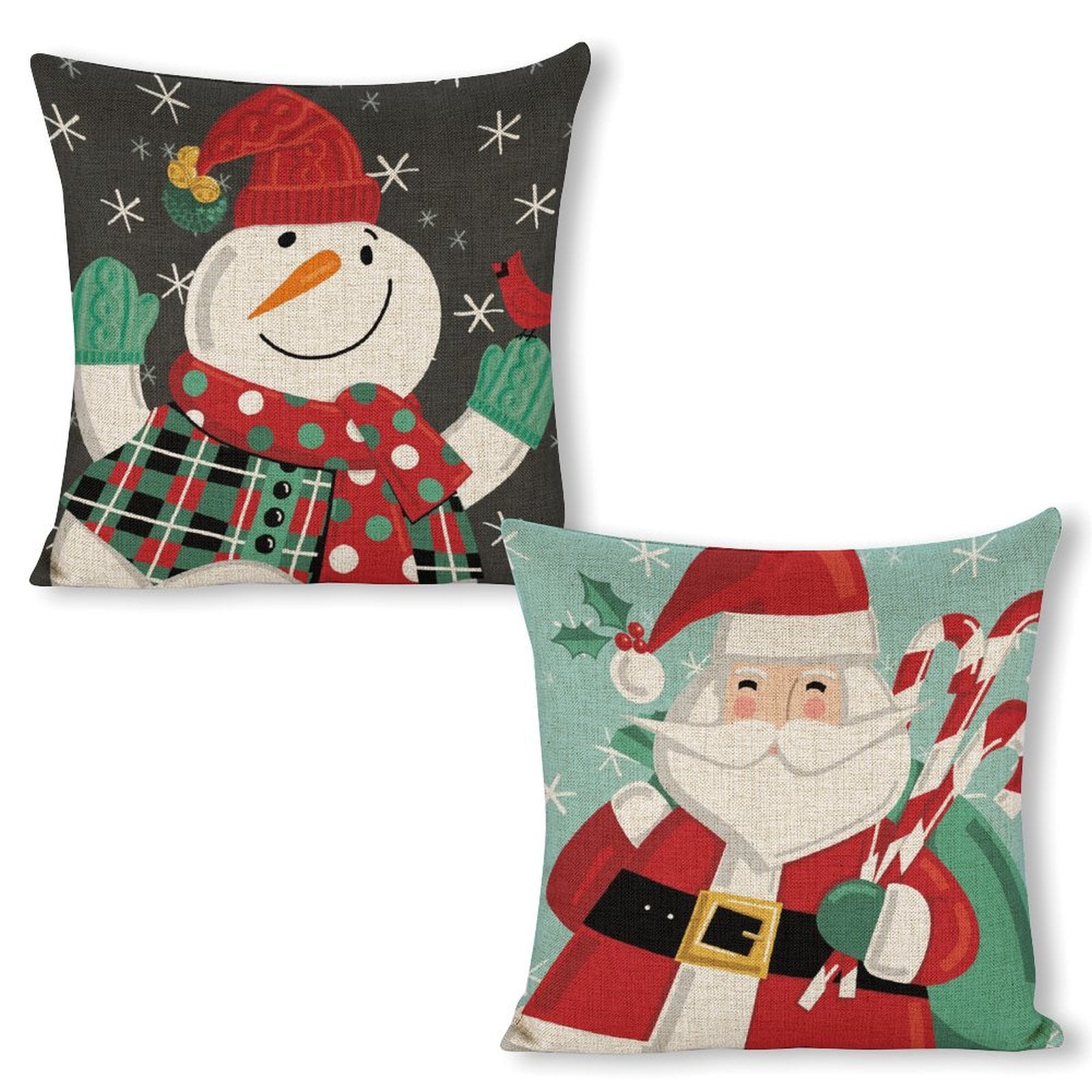 Christmas pillow covers. Linen square cushion covers with snowman and Santa Claus designs for sofa, couch, or bed.