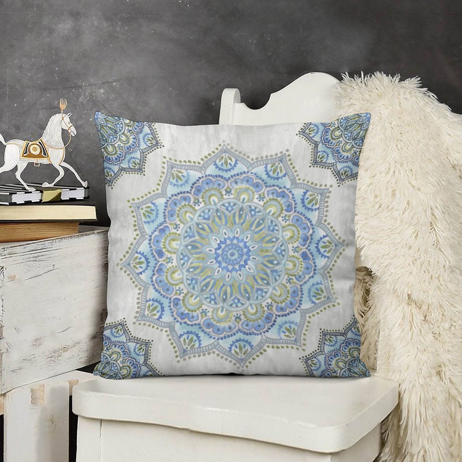 Soft plush pillow cover with blue and green mandala design for sofa or bed decor.
