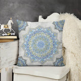 Plush throw pillow cover with blue and green mandala design, perfect for sofa and living room decor. Soft and comfortable.