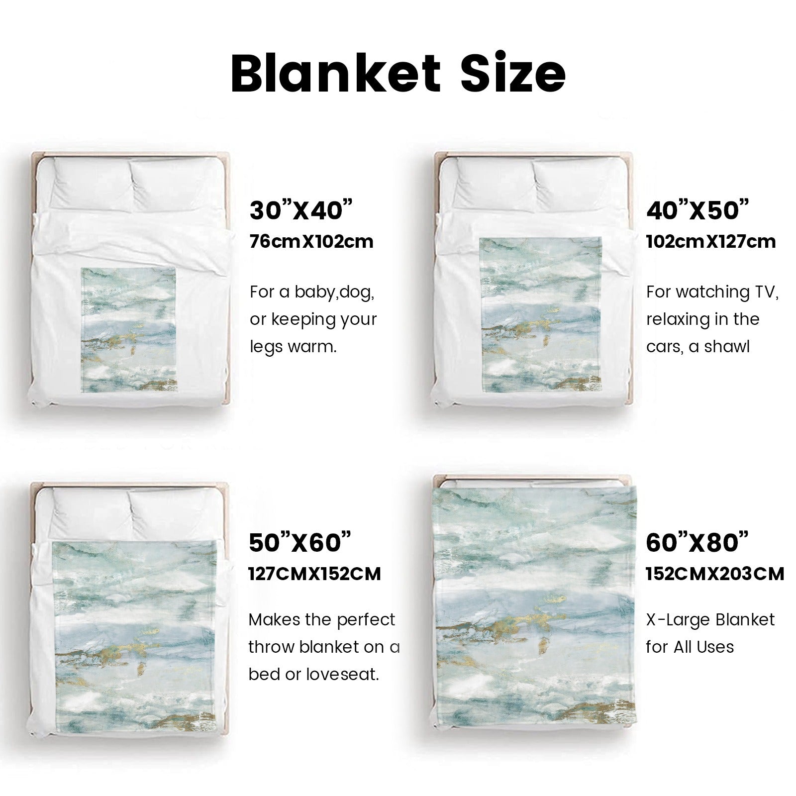 Green abstract flannel blanket sizes: 30x40, 40x50, 50x60, and 60x80. Perfect for sofa, bed or couch with watercolor design.