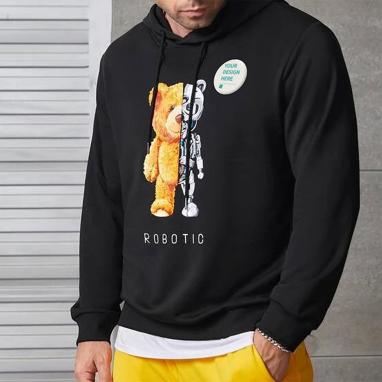 Black hoodie with Robotic bear and robotic structure, Your Design Here badge pin, personalized gifts