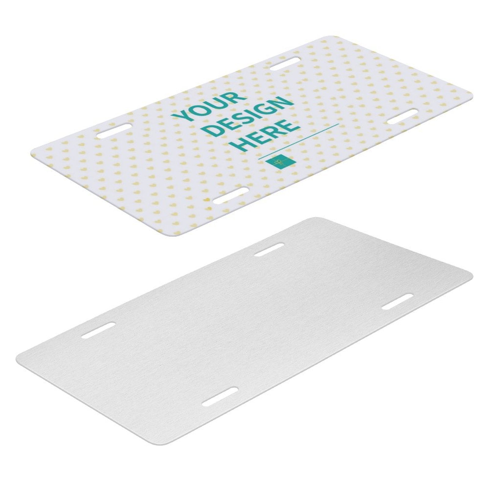 Customizable aluminum license plate, "YOUR DESIGN HERE" on white with heart pattern, 6x12 inches.