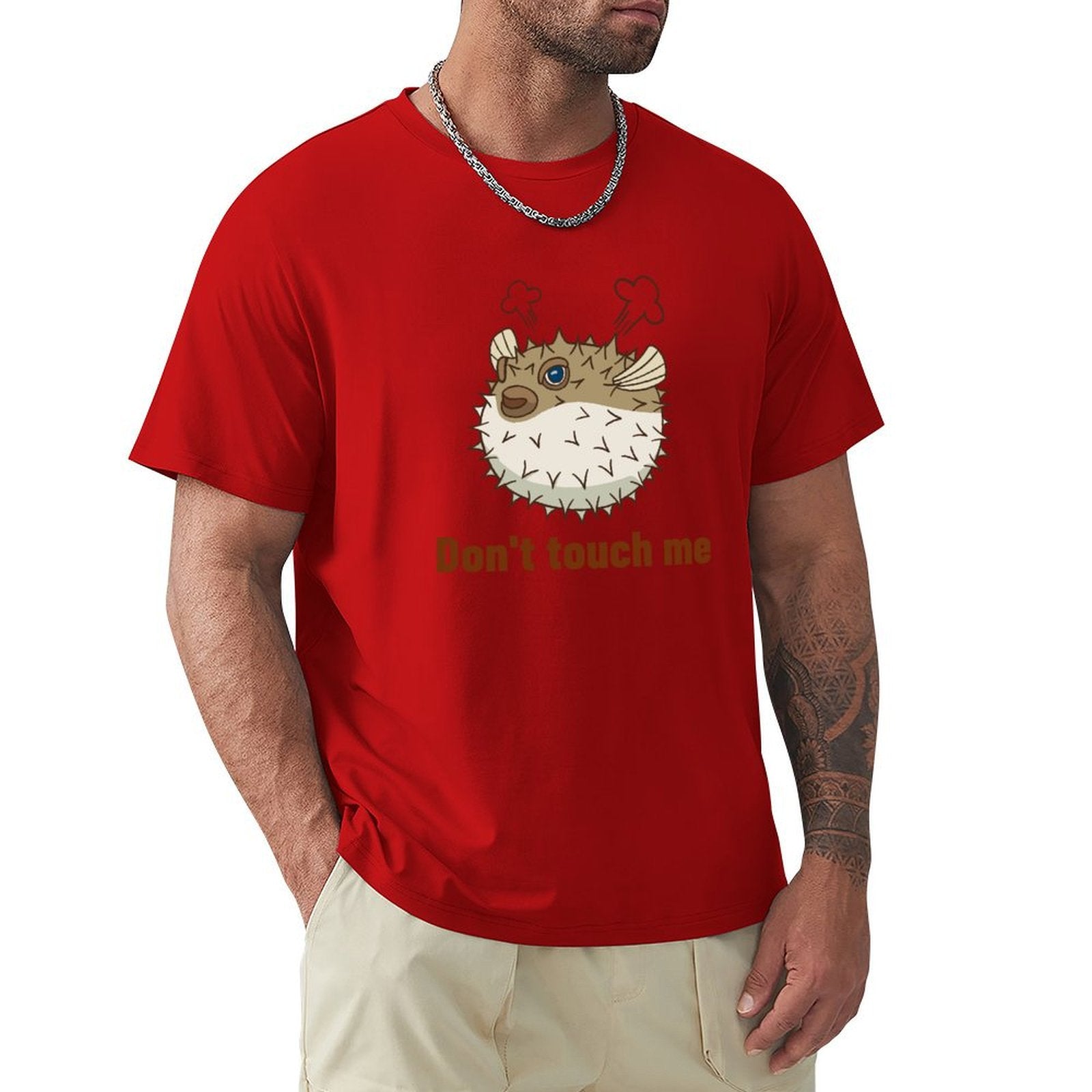 Men's red cotton t-shirt with pufferfish design and "Don't touch me" text - Crew neck tee