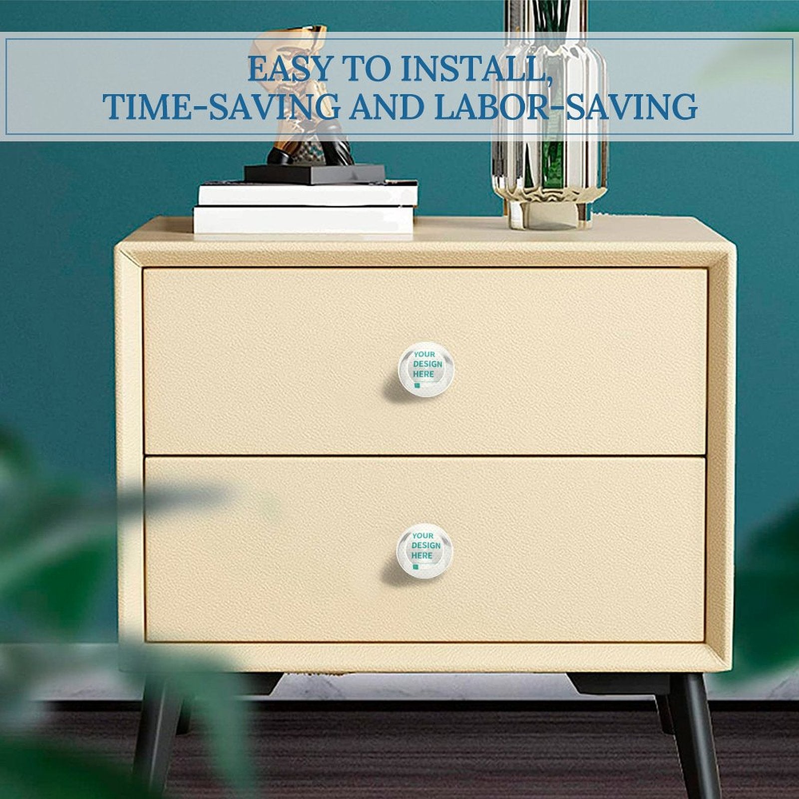 Custom cabinet drawer pulls with "YOUR DESIGN HERE" design, time-saving installation, stainless steel furniture drawer pulls