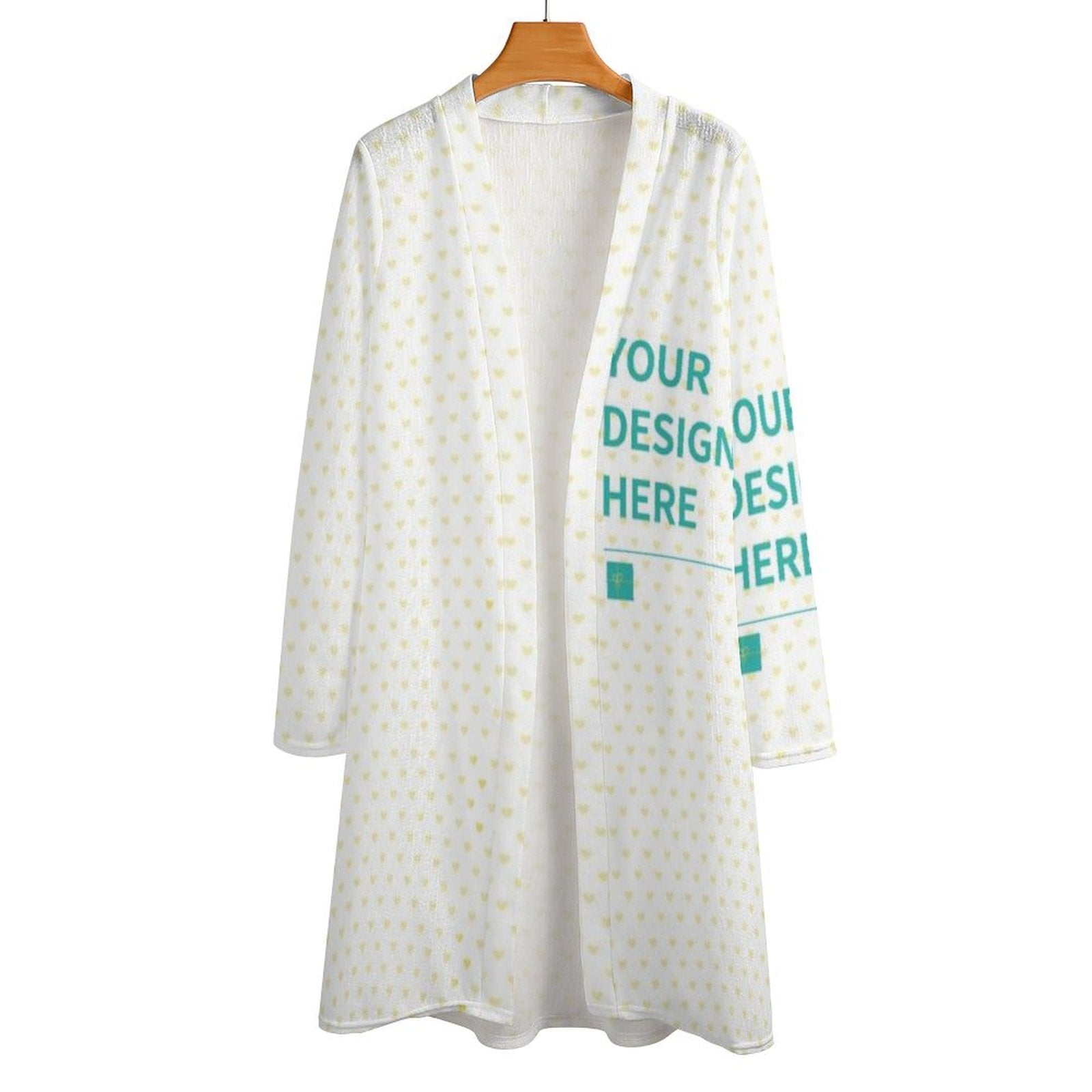 Customizable white open front cardigan with heart pattern and 'YOUR DESIGN HERE' text on sleeve