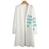 Customizable white open front cardigan with heart pattern and 'YOUR DESIGN HERE' text on sleeve