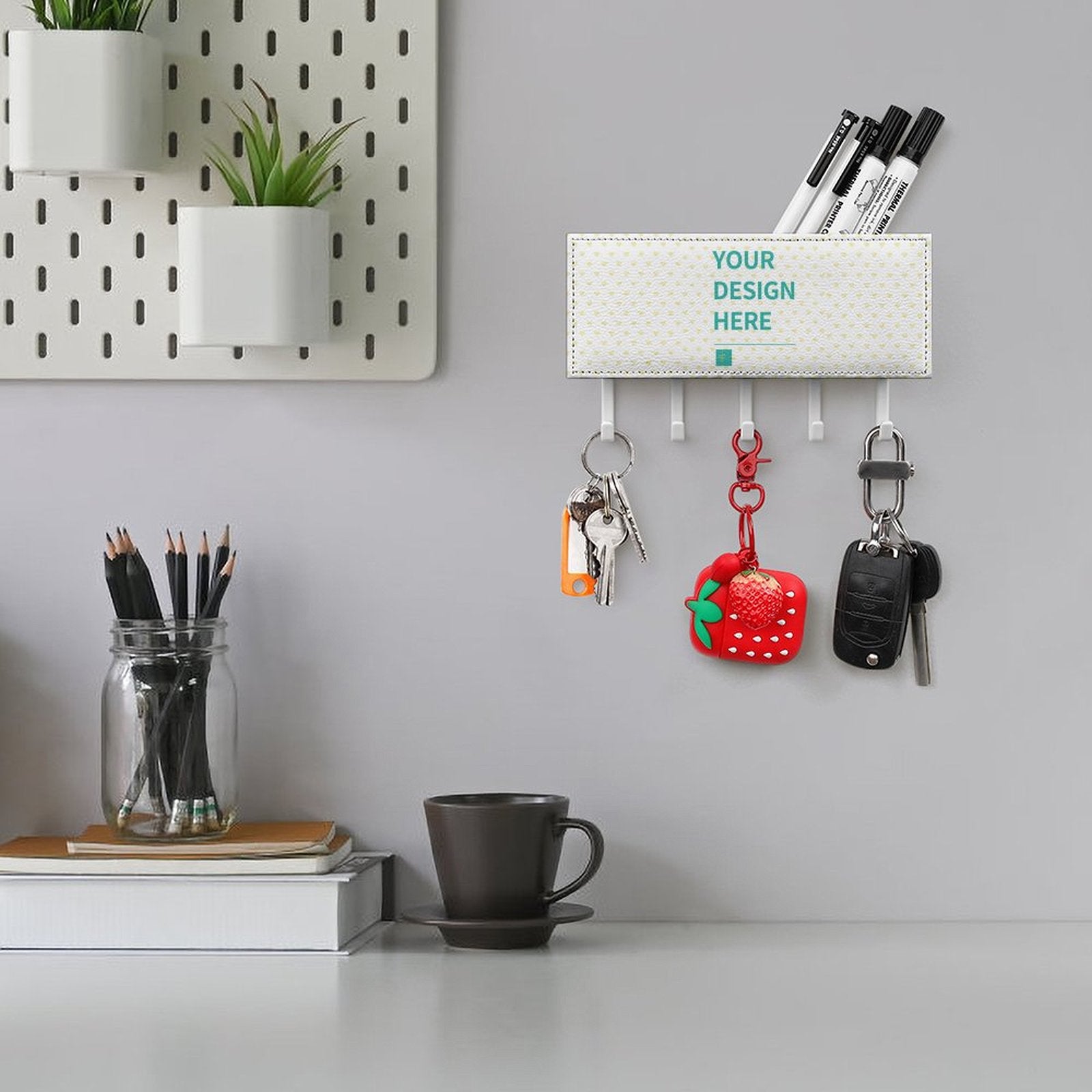 Personalized wall key holder with PU leather. Custom design, home decor, housewarming gift. Text: Your design here.