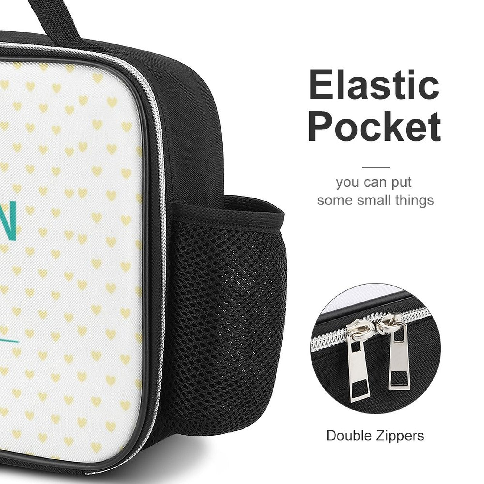 Reusable lunch bag with elastic pocket and double zippers for work and picnic