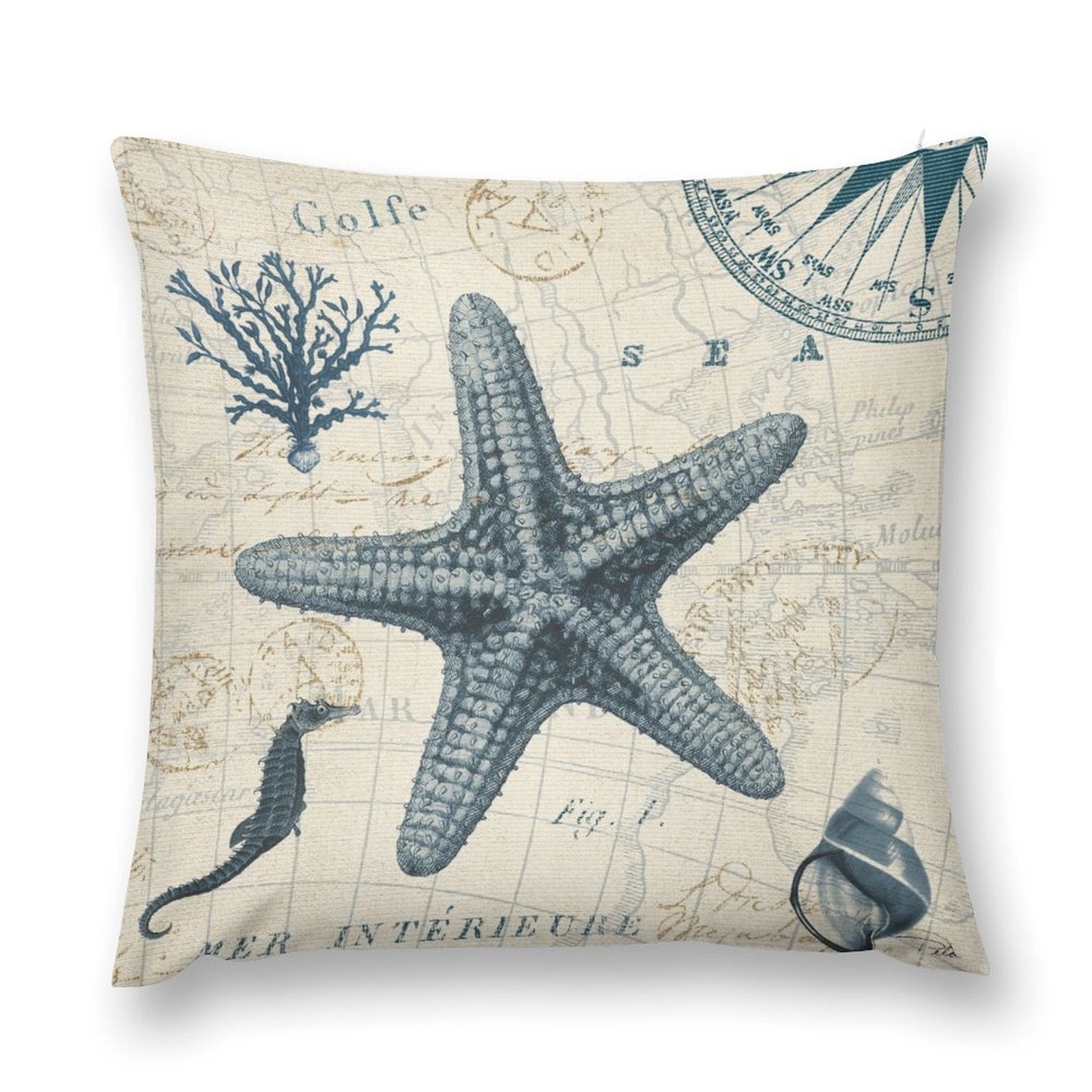 Luxury soft fluffy pillow cover with vintage map, starfish, seahorse, and shell design.