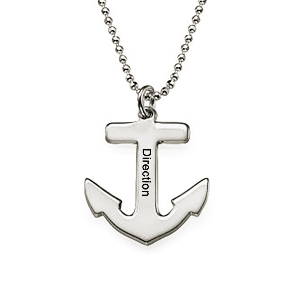 Silver Anchor Necklace for Men - Custom Nautical Necklace Sailors Jewelry with 'Direction' engraving