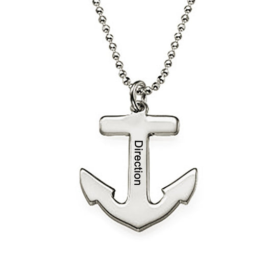 Silver Anchor Necklace for Men - Custom Nautical Necklace Sailors Jewelry with 'Direction' engraving