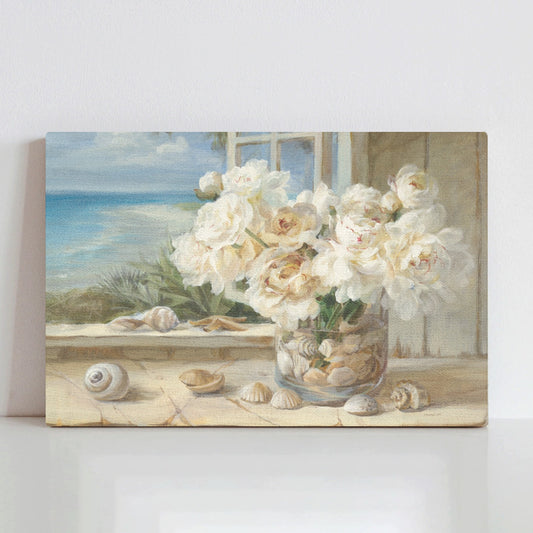 6000 By the Sea canvas print featuring white peonies, seashells, and ocean view; a minimalist wall decor made in USA