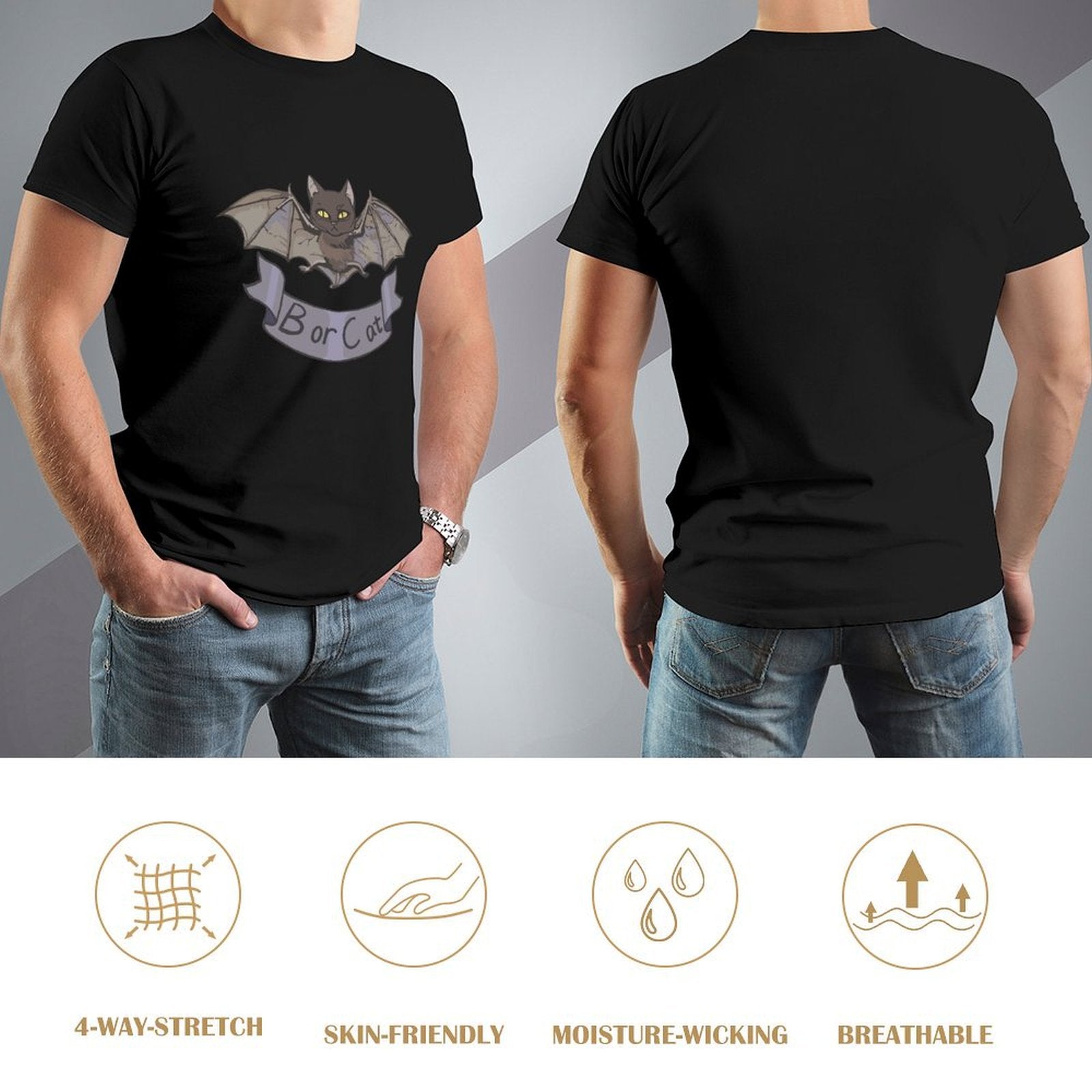 Men's black t-shirt with Bor or Cat bat-cat design, crew neck tee, featuring 4-way stretch fabric.
