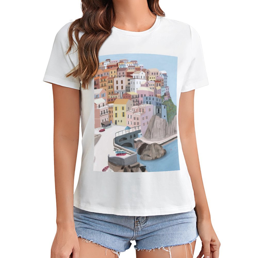 Women's white short sleeve crewneck t-shirt with colorful town graphic print.