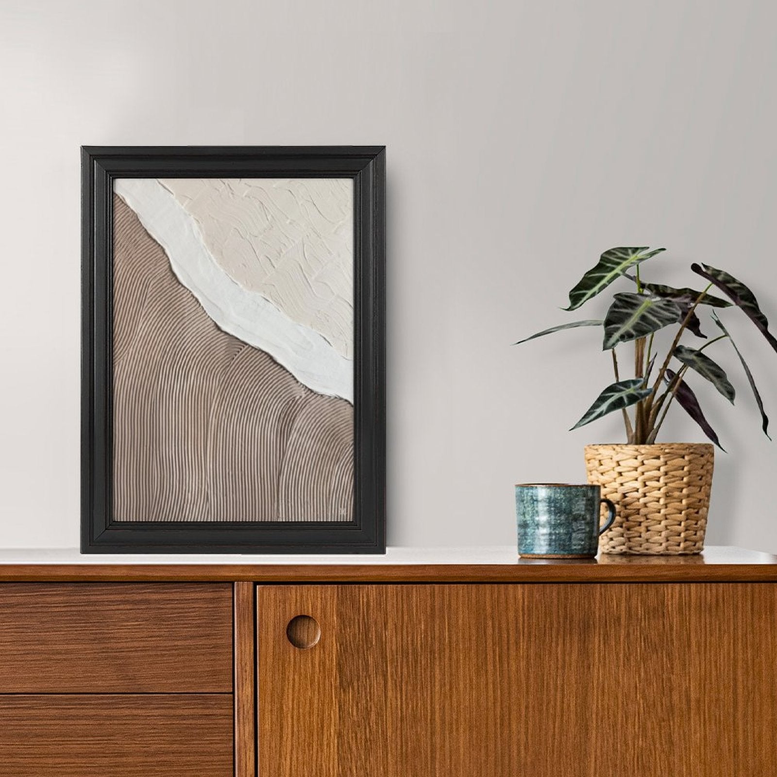 Abstract textured canvas print in black frame, beige, white and brown wall art, home decor.