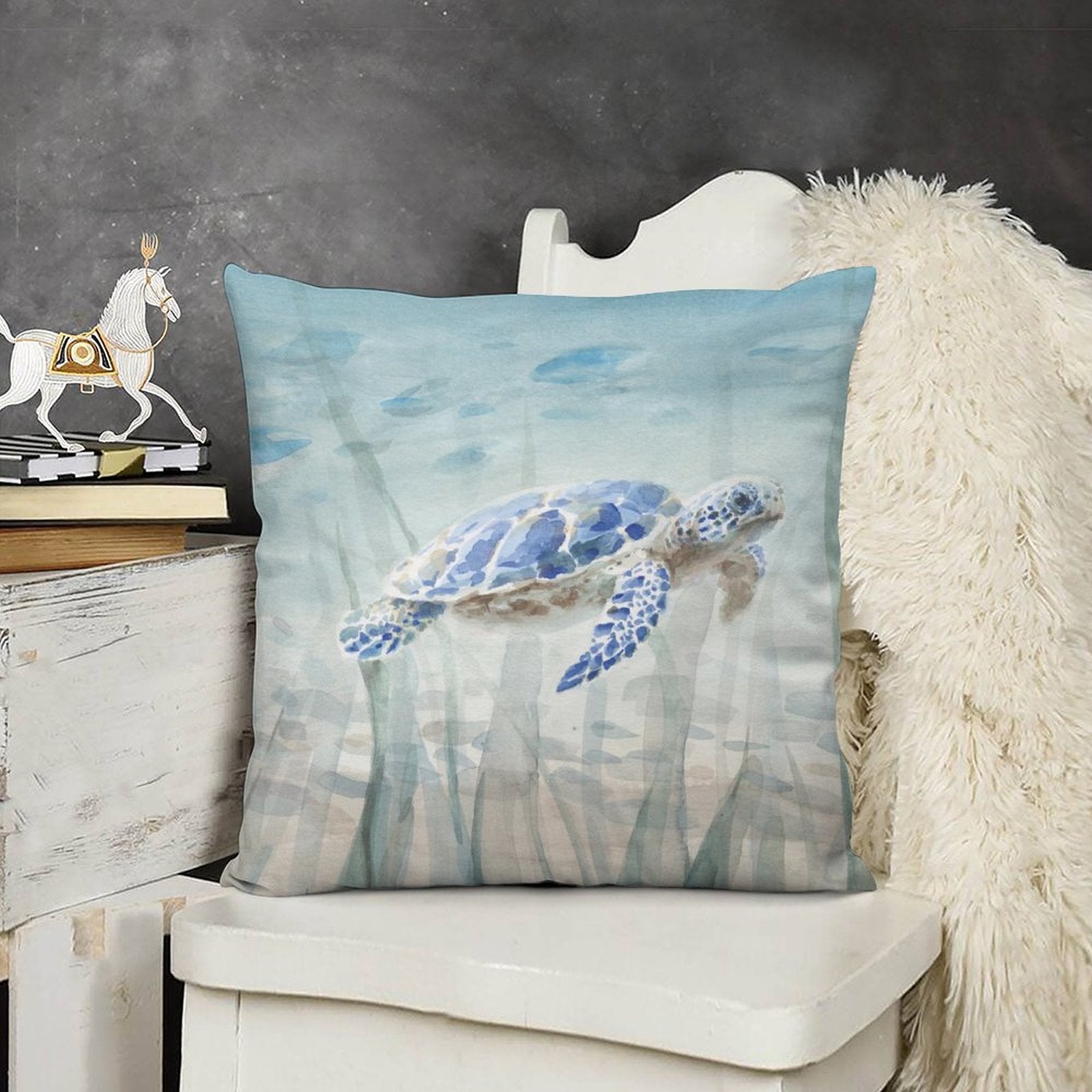 Watercolor blue sea turtle pillow cover, perfect for sofa, living room decor. Soft, durable, and cozy short plush material.