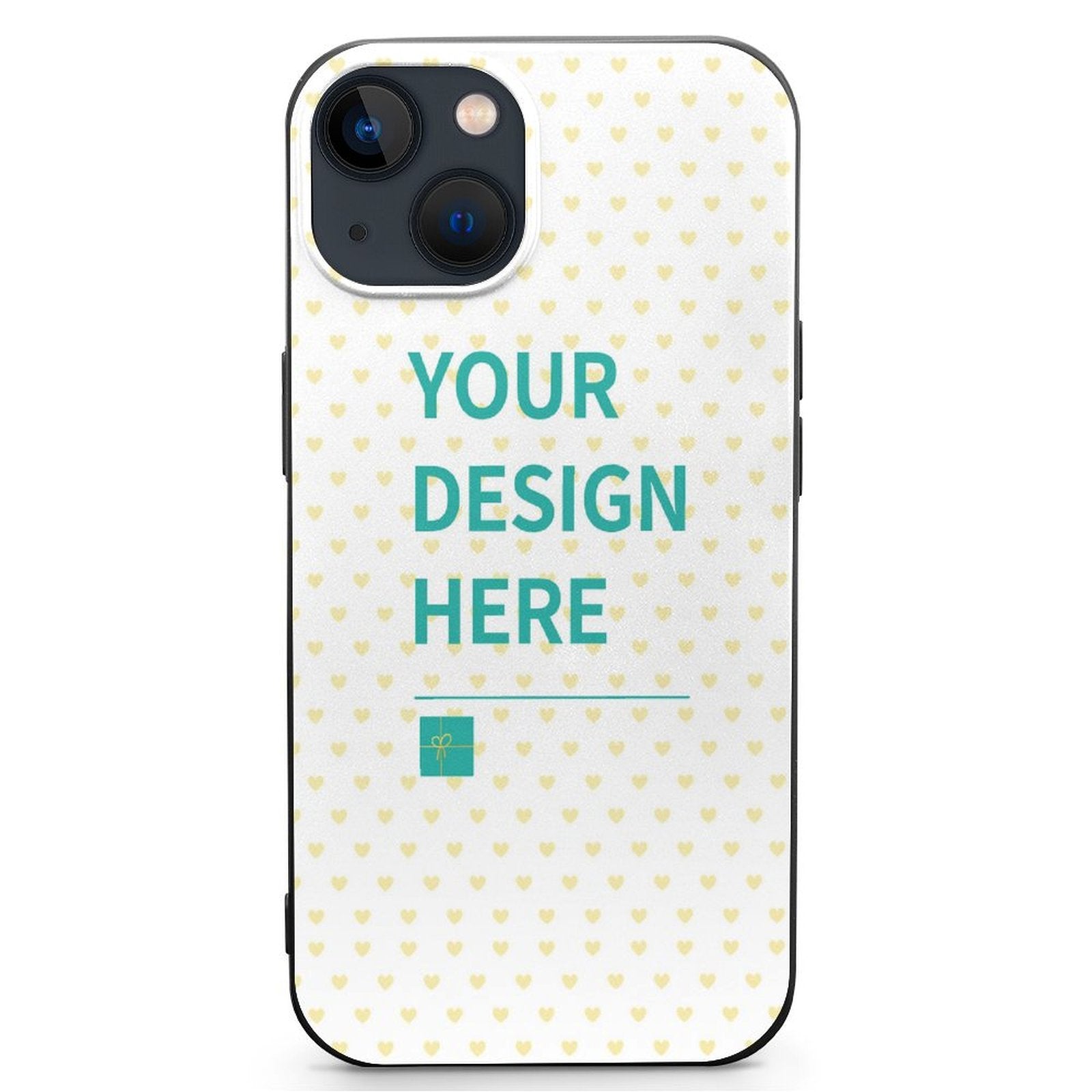 Custom iPhone 13 phone case with personalized design - "YOUR DESIGN HERE" on white heart pattern.