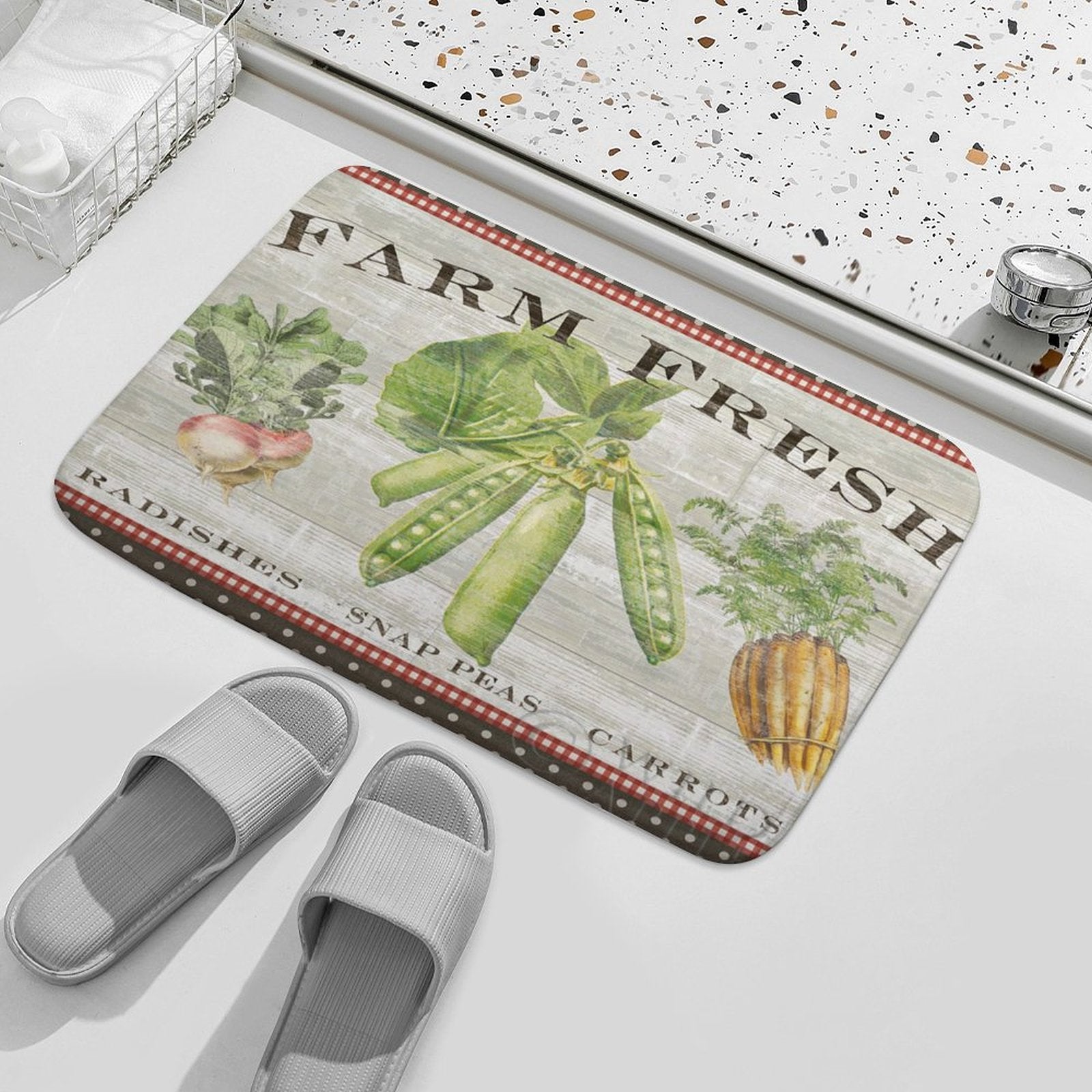 Coral velvet bath rug with farm fresh radishes, snap peas, and carrots design, bathroom decor
