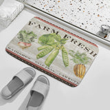 Coral velvet bath rug with farm fresh radishes, snap peas, and carrots design, bathroom decor