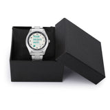 Custom photo watch in black gift box, stainless steel bracelet, with "YOUR DESIGN HERE" on white dial, personalized gift.