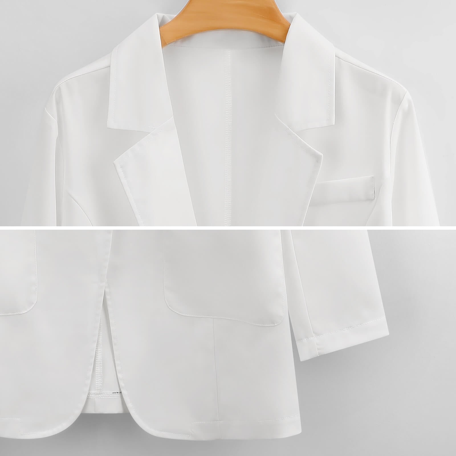 White women's casual blazer, open front office jacket. Made with polyester at MyArtsyGift.com.