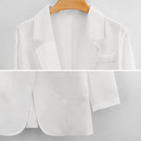 White women's casual blazer, open front office jacket. Made with polyester at MyArtsyGift.com.