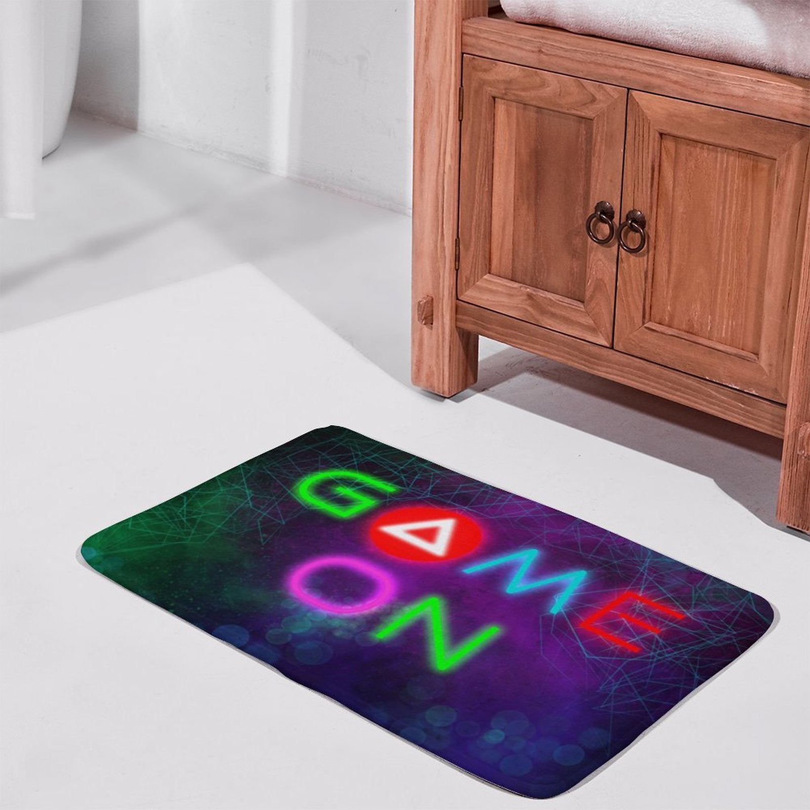 Coral velvet bath rug with vibrant neon 'GAME ON' design for bathroom decor. Non-slip, quick-drying floor carpet.