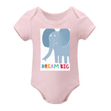 Pink baby bodysuit with a blue elephant and "DREAM BIG" design; soft cotton MyArtsyGift clothing