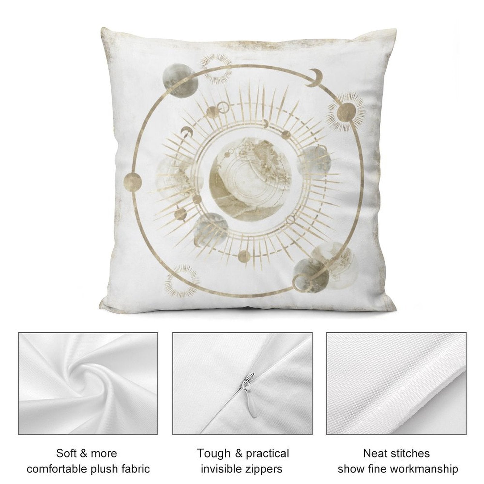 Luxury plush throw pillow cover with celestial art, soft fabric and invisible zipper for couch and living room.