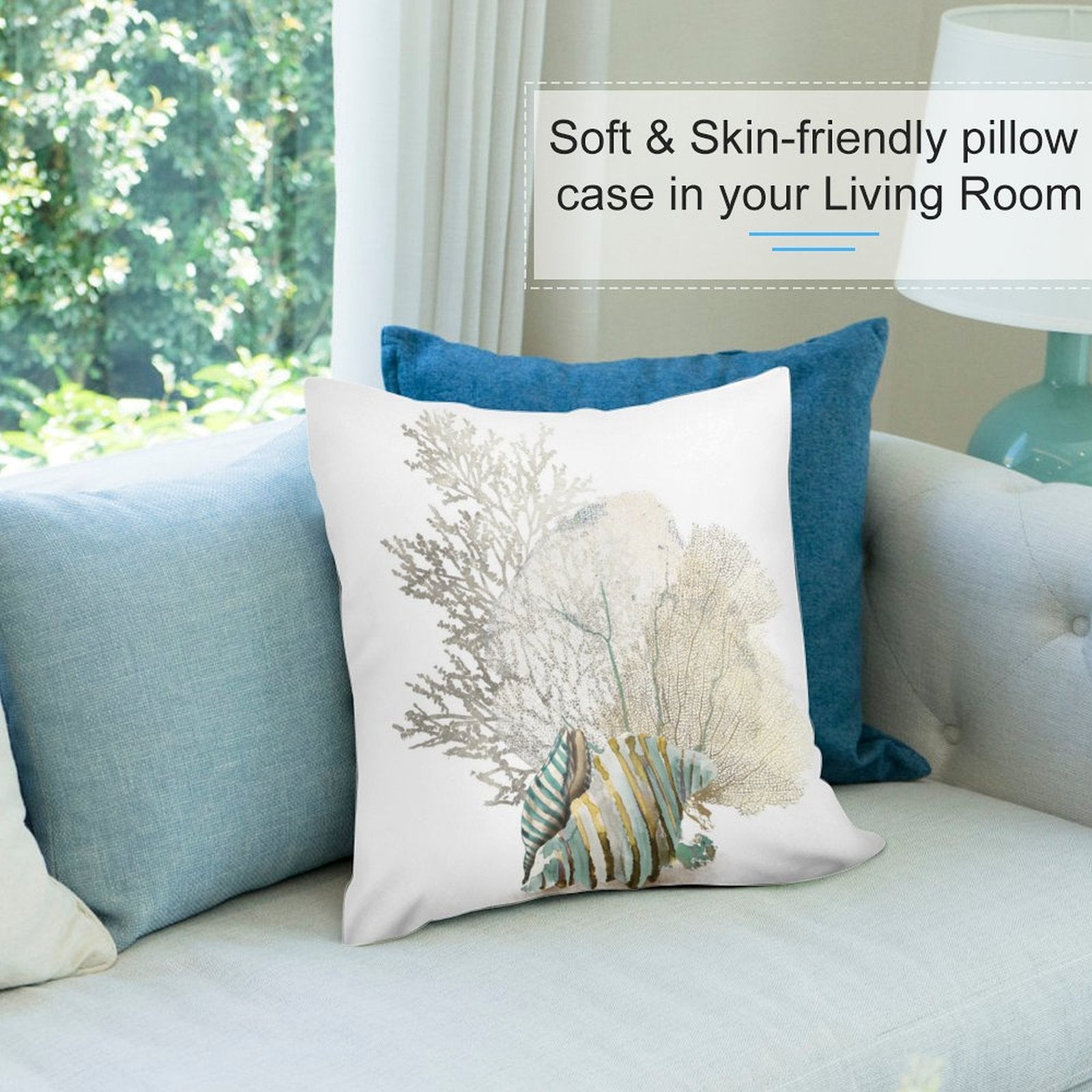 Square pillow cover with coastal coral and fish design, soft and skin-friendly for living room decor.