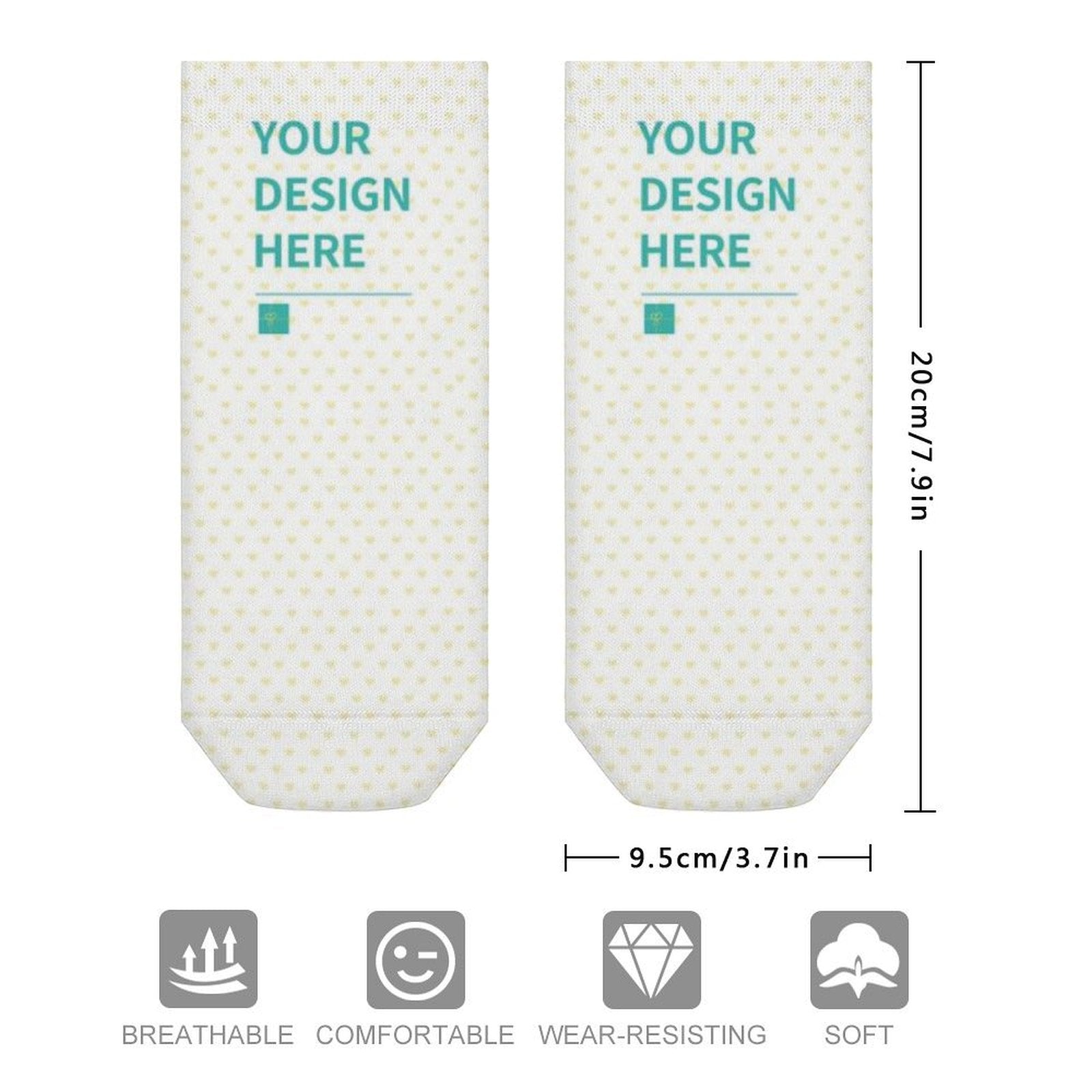 Customizable socks with "YOUR DESIGN HERE" text, breathable and soft polyester material, perfect personalized gifts