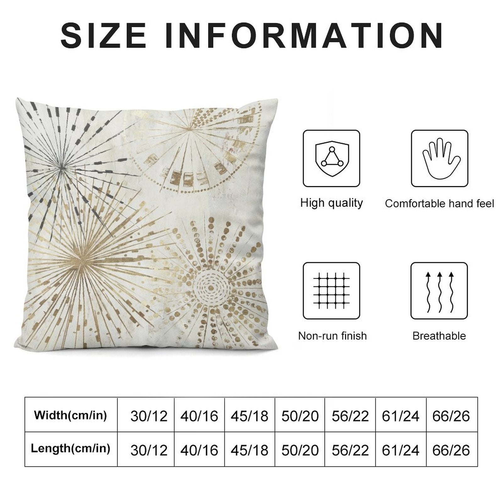 Soft plush pillow cover with abstract gold design, size info, and quality features.