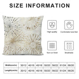 Soft plush pillow cover with abstract gold design, size info, and quality features.