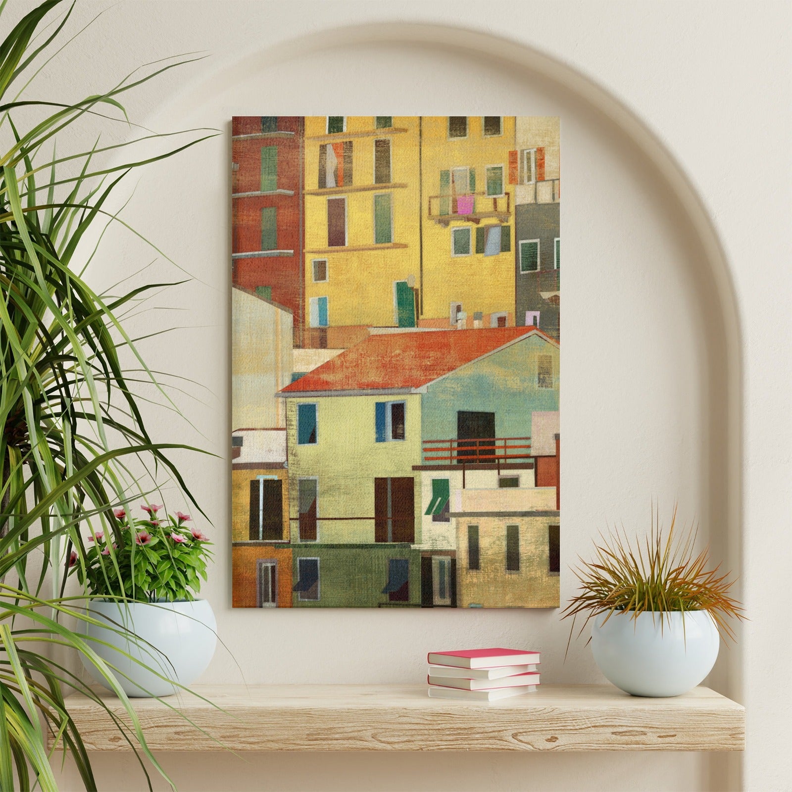 Modern wall art canvas print, colorful buildings abstract artwork for living room home decor