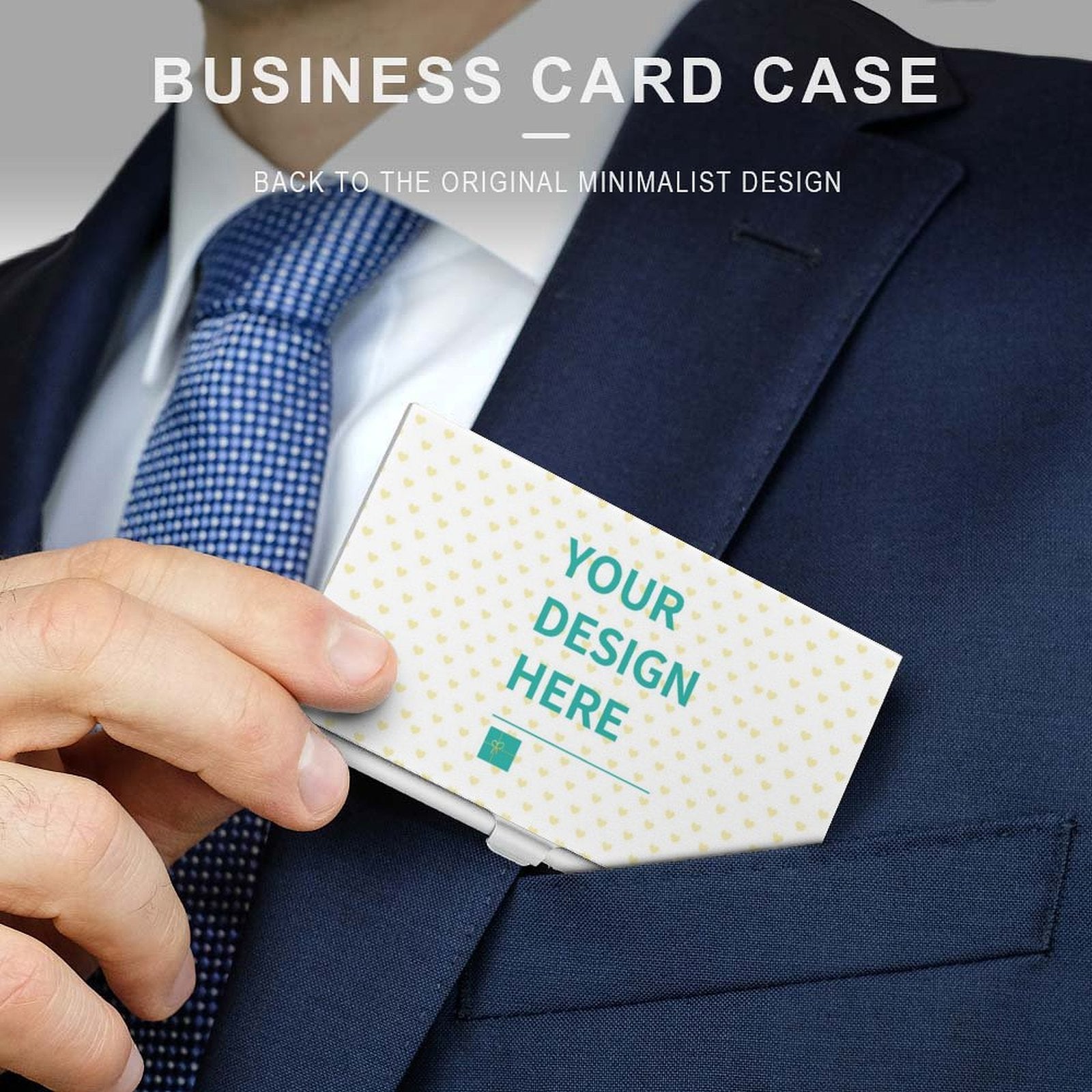 Custom business card holder with your design in a suit pocket. Perfect gift for men and women.