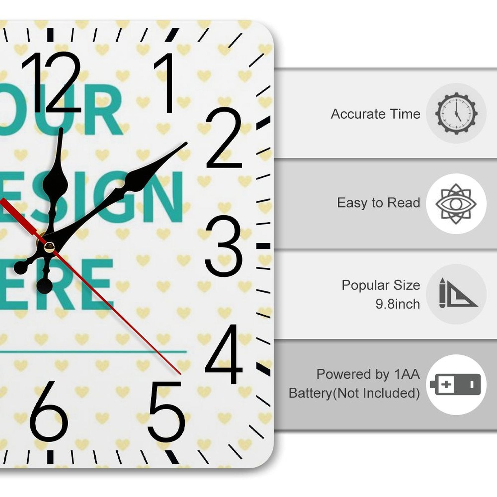 Customizable square wall clock with 'YOUR DESIGN HERE' text; perfect home decor and kitchen decor, available at MyArtsyGift