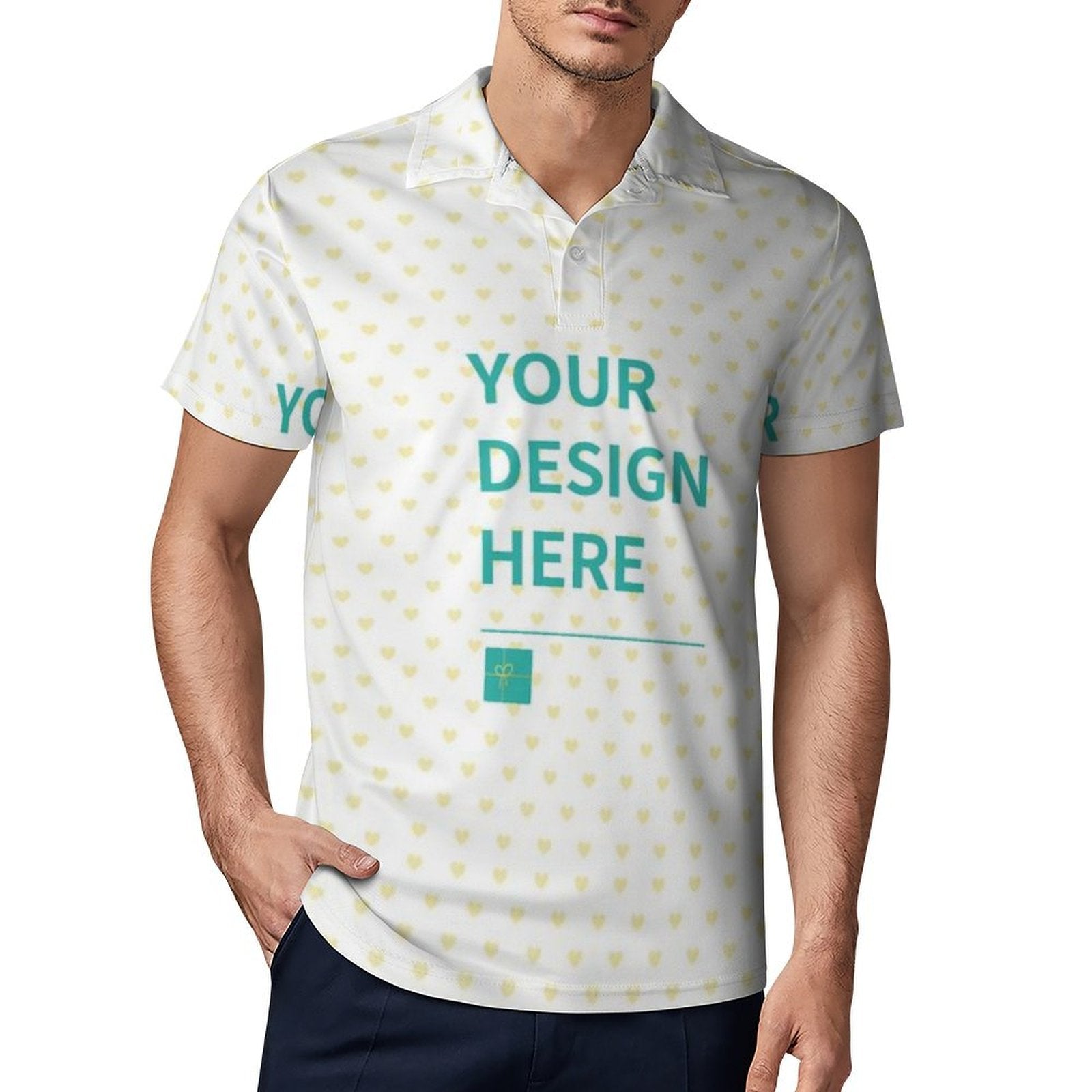 Custom men's polo shirt with heart pattern and 'Your Design Here' text. Great for personalization.