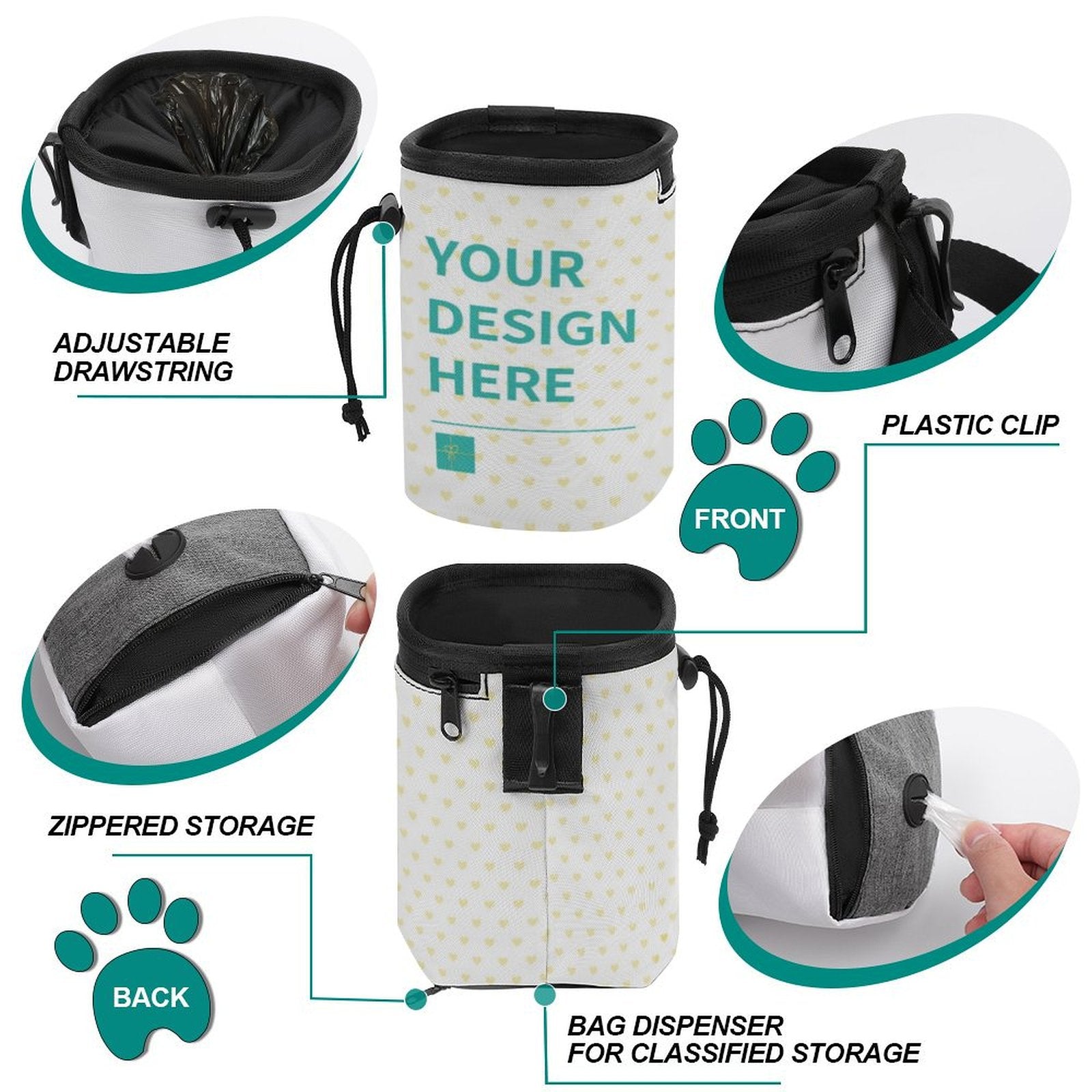 Customizable Oxford cloth dog treat bag with adjustable features and 'YOUR DESIGN HERE' option for pet training