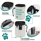 Customizable Oxford cloth dog treat bag with adjustable features and 'YOUR DESIGN HERE' option for pet training