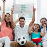 Custom hand waving flag with YOUR DESIGN HERE design, celebrating with family and friends, cheering at a party