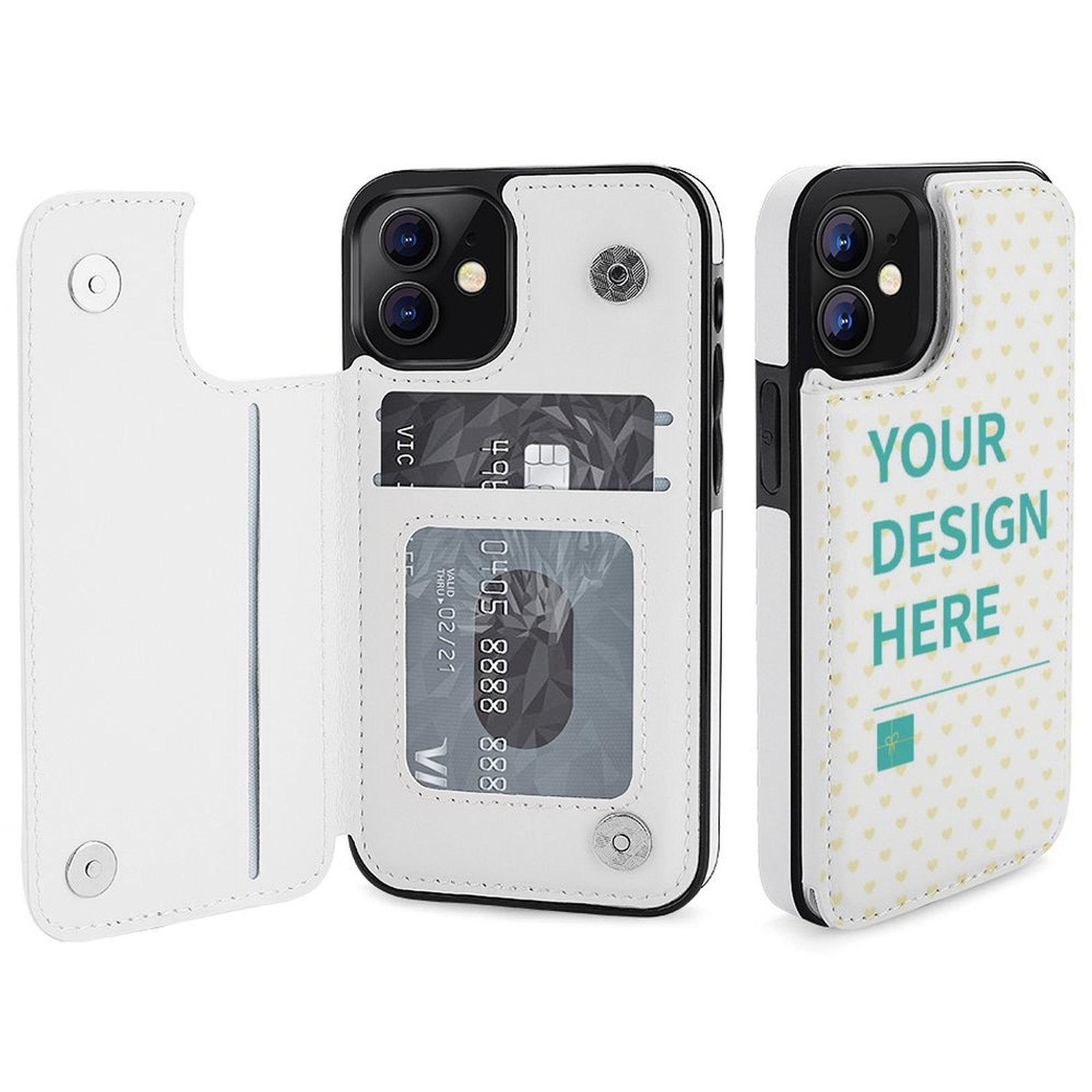 Personalized white PU leather iPhone 12 wallet case with card slots, custom design available.